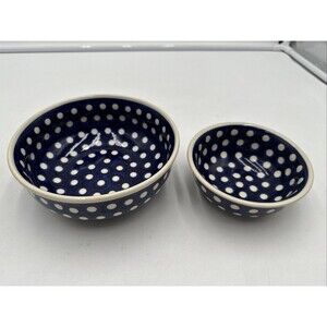 HANDMADE Ceramika POLISH POTTERY BOWLS POKE-DOT PATTERN 6.5” & 5”